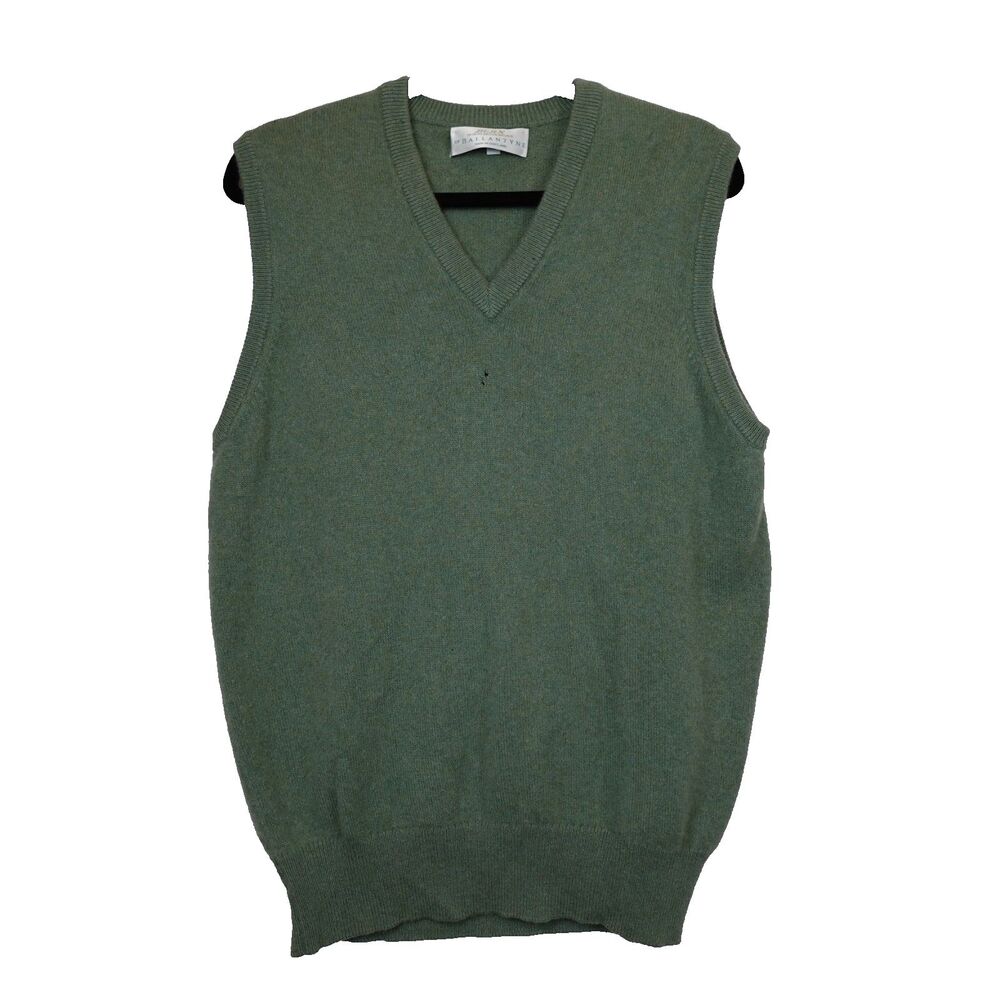 Vintage Ballantyne Scotland Cashmere Sweater Vest Mens Green V Neck Hole Flaw
